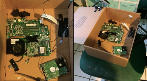 Two pictures of the parts of a laptop in a cardboard box as a case.