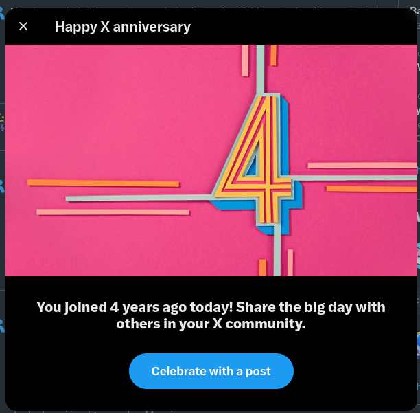 Screenshot of twitter. It is celebrating my 4th anniversary of being in this hell hole.