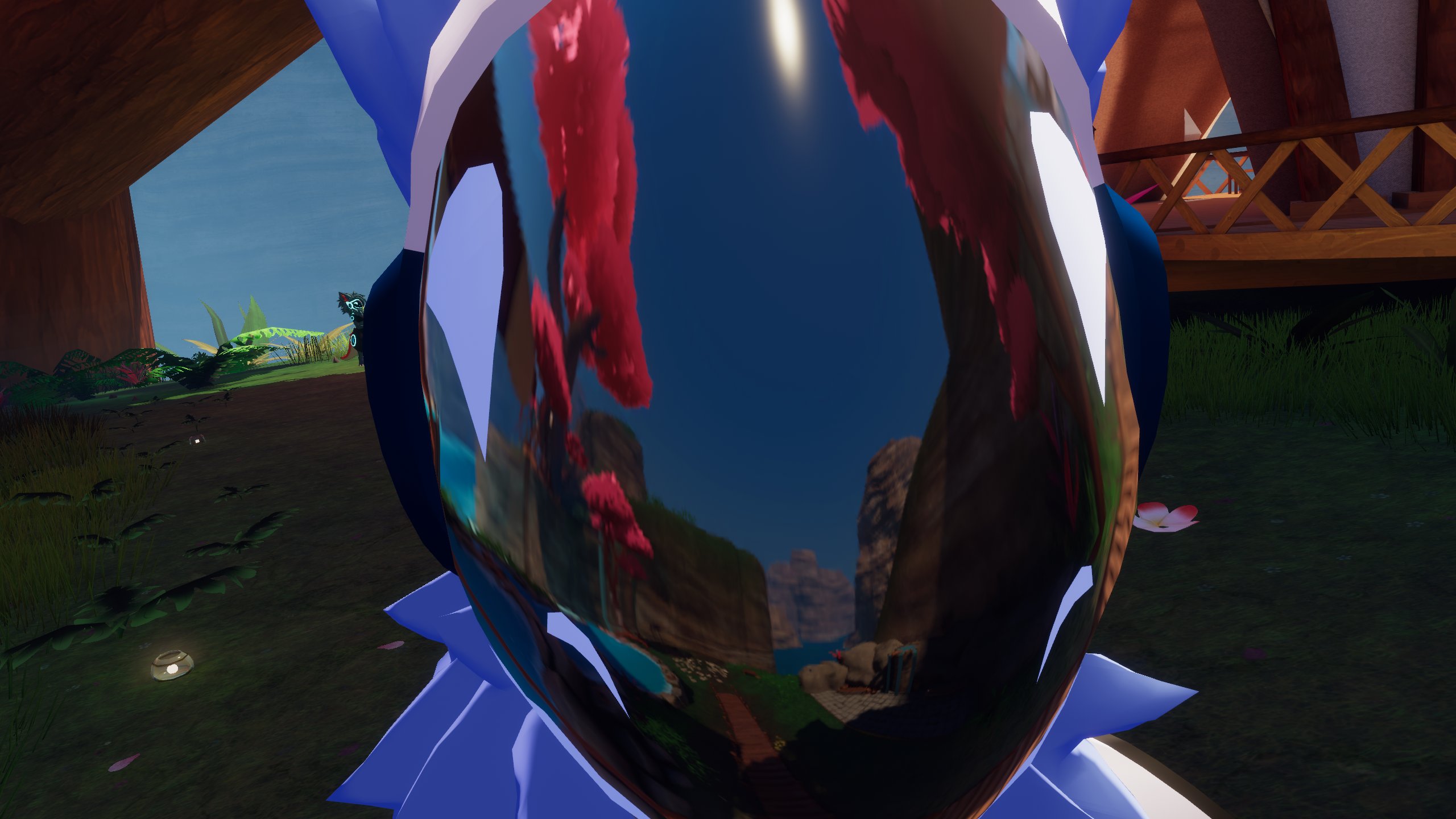 An extreme closeup of a blue protogen on VR chat.