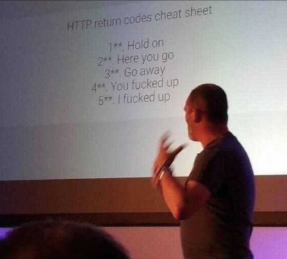 Image of a guy giving a presentation on web stuff. The current slide shows a cheat sheet for http return codes. From top to bottom: 1xx. Hold on. 2xx. Here you go. 3xx. Go away. 4xx. You fucked up. 5xx. I fucked up.